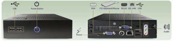 Fanless computer, front and rear view