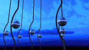 Spherical pods suspended in deep blue water. Spherical pods suspended in deep blue water.