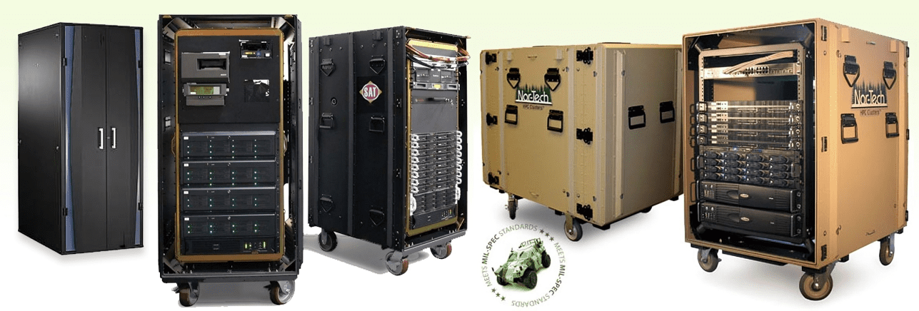 Server racks and cases in various designs.