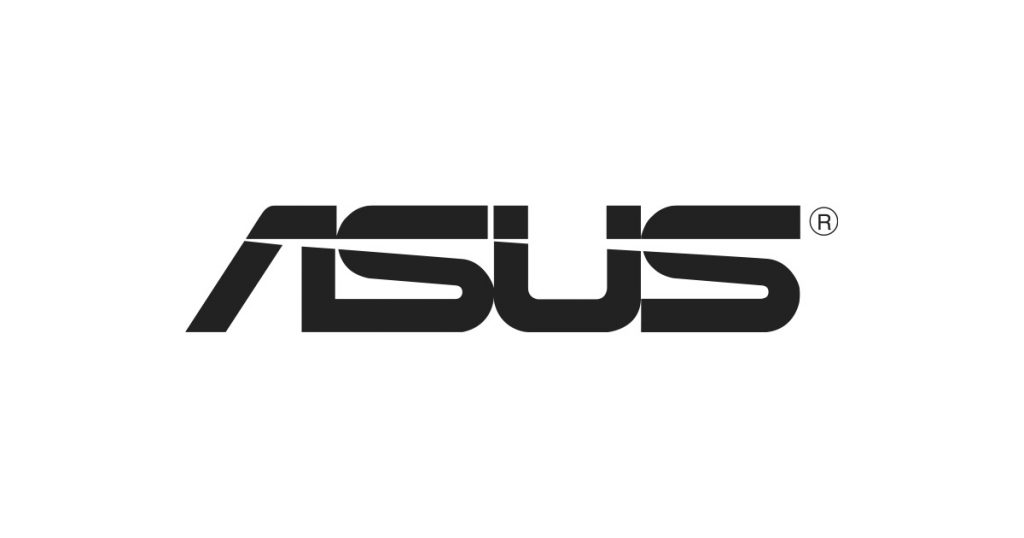 Asus black logo on white background.