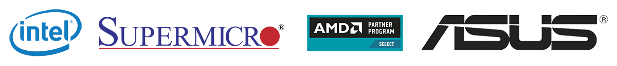 Intel, Supermicro, AMD, ASUS logos on black background. Intel, Supermicro, AMD, ASUS logos on black background.