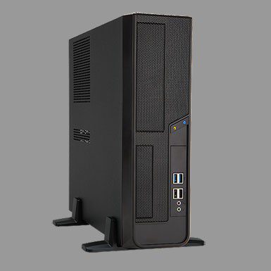 Black desktop computer tower on gray background.
