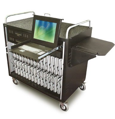 Mobile laptop charging cart with computer screen.