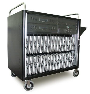 Laptop charging cart with multiple slots.