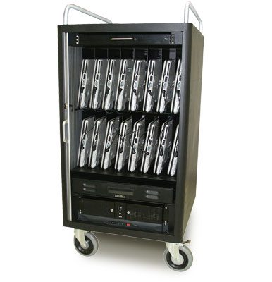 Laptop charging cart with multiple laptops inside.
