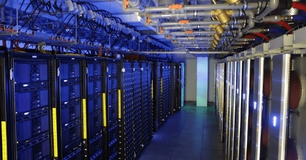 Server room with blue lighting and equipment. Server room with blue lighting and equipment.