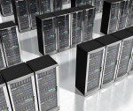 Server racks in a data center room.