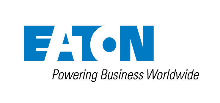 Blue Eaton logo on black background.
