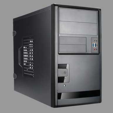 Black computer tower on a gray background.