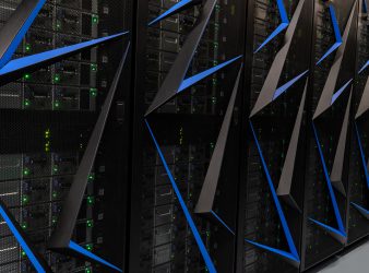 Supercomputer server racks with blue accents. Supercomputer server racks with blue accents.
