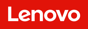 Lenovo logo in white on red background.
