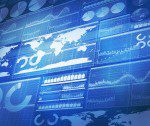 Digital world map with data charts.