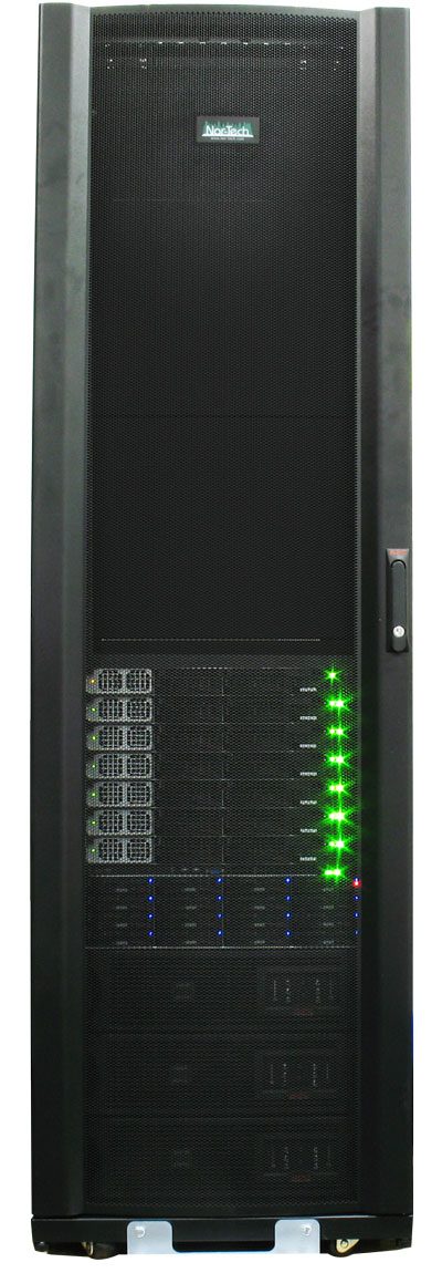 Black server rack with glowing indicator lights. Black server rack with glowing indicator lights.