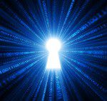 Glowing keyhole with digital rays and numbers.