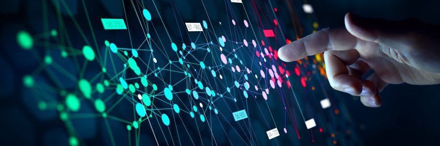Abstract digital network with interconnected nodes and data points.