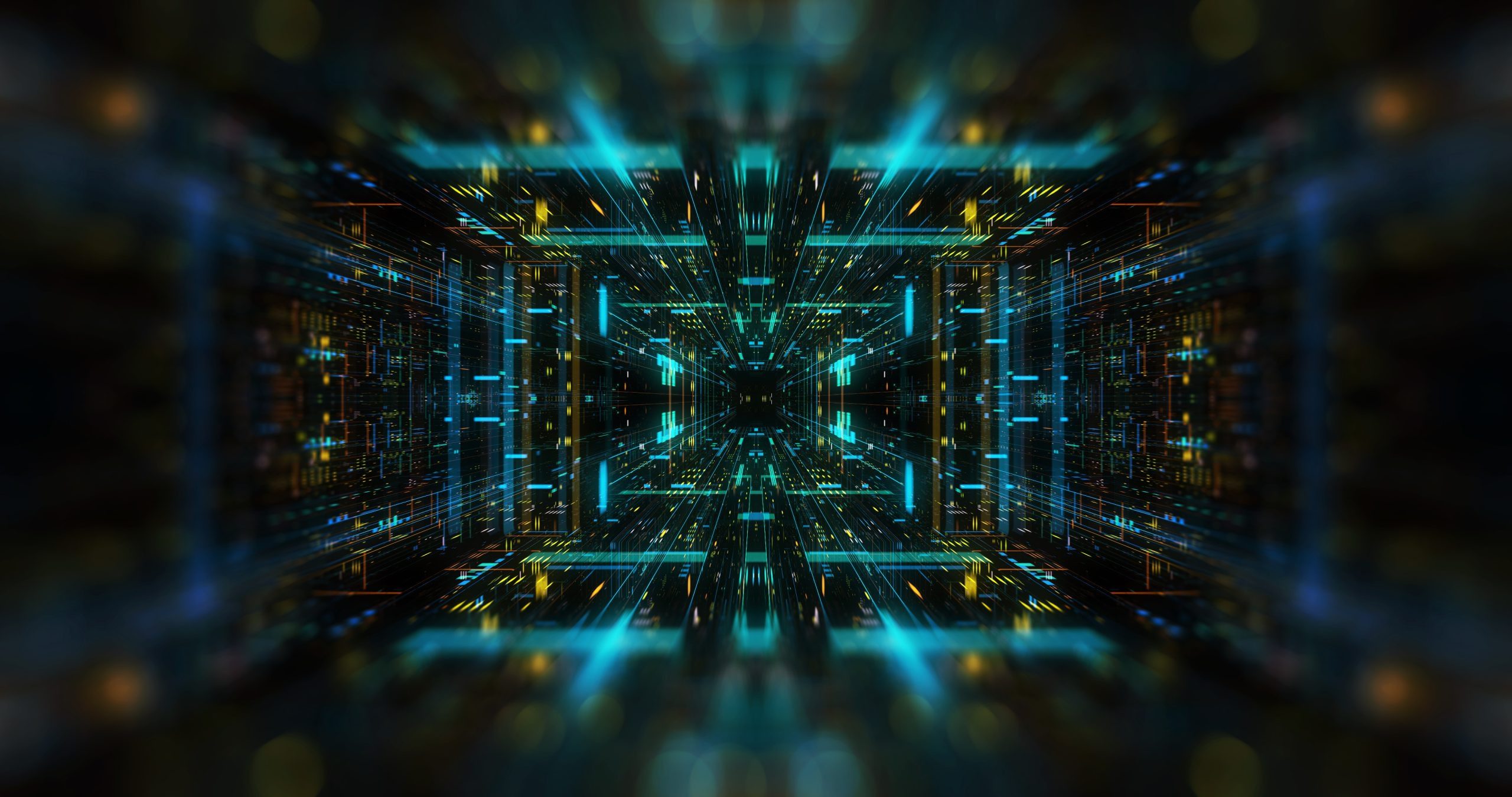 Futuristic neon-lit symmetrical corridor with glowing blue and yellow lights.