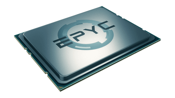 Close-up of an AMD EPYC processor chip with a sleek metallic finish.