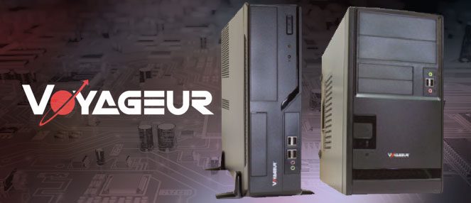 Voyageur computers with logo in background. Voyageur computers with logo in background.
