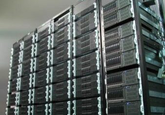 Stacked computer servers in data center.