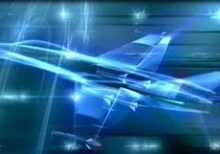 A futuristic blue-toned jet aircraft flying with light trails.