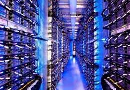 Blue-lit server room with multiple racks.