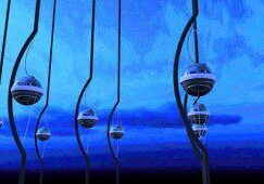 Spherical pods suspended in deep blue water.