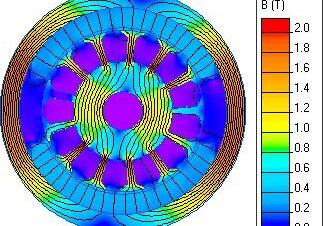 Magnetic flux density distribution in motor simulation.