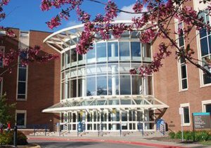Modern building entrance with glass facade, trees.
