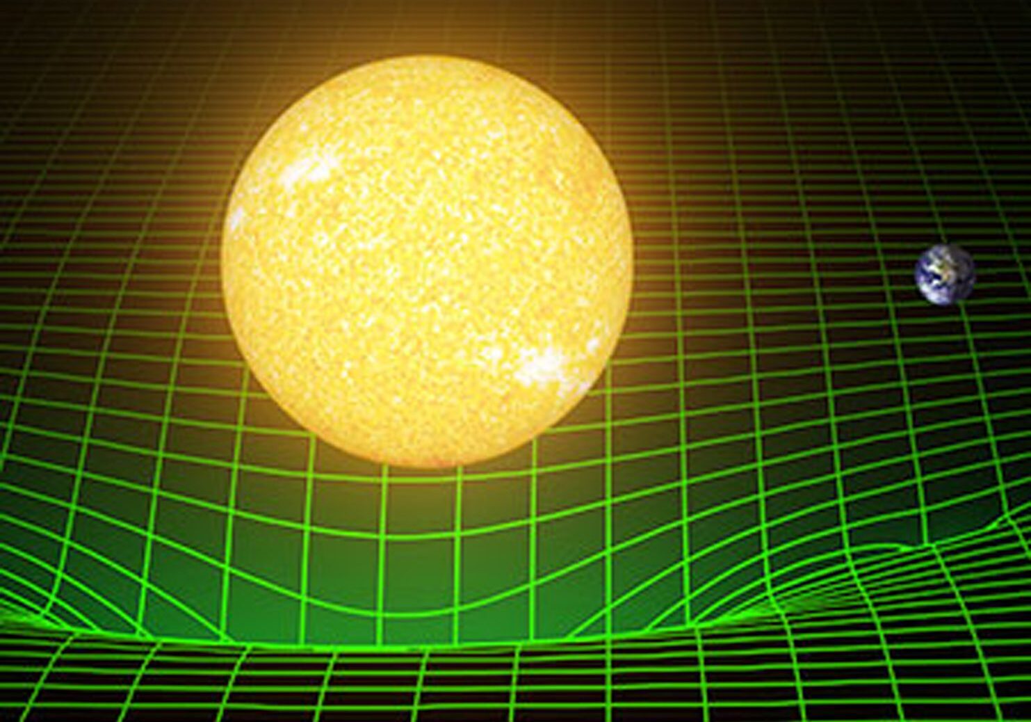 Sun and Earth on warped space-time grid.