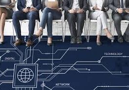 People seated above digital network illustration.