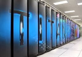 Row of black and blue servers.