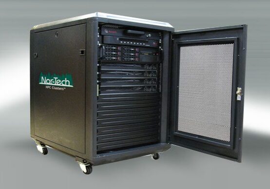 Mobile server rack with open door.