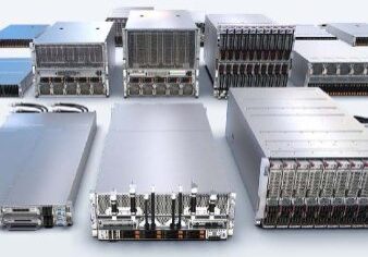 Assorted computer servers on a white background.