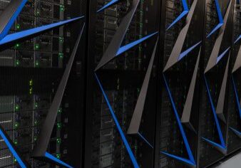 Supercomputer server racks with blue accents.
