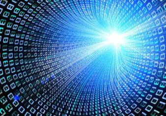 Binary tunnel with bright blue light.