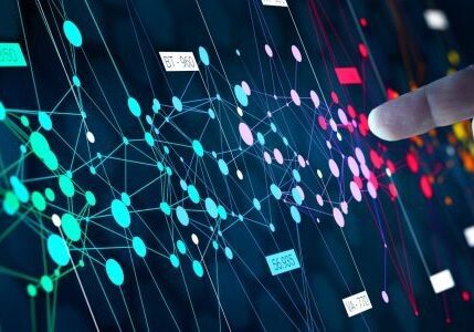 Abstract digital network with interconnected nodes and data points.