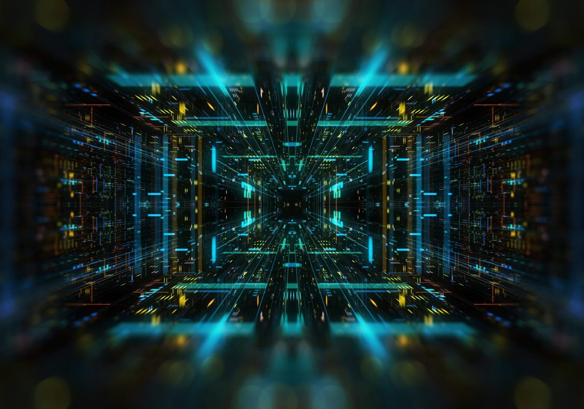 Futuristic neon-lit symmetrical corridor with glowing blue and yellow lights.