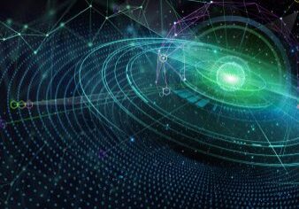 Futuristic digital abstract with glowing green elements.