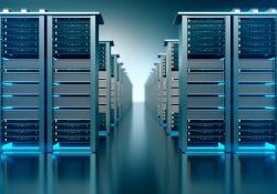 Rows of modern server racks in a high-tech data center.