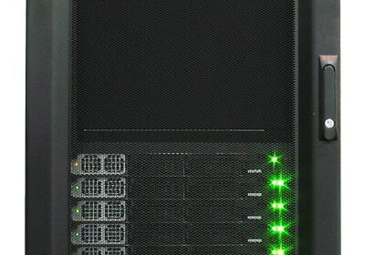Black server rack with glowing indicator lights.