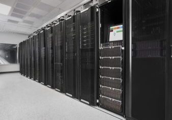 Data center server racks in a row.